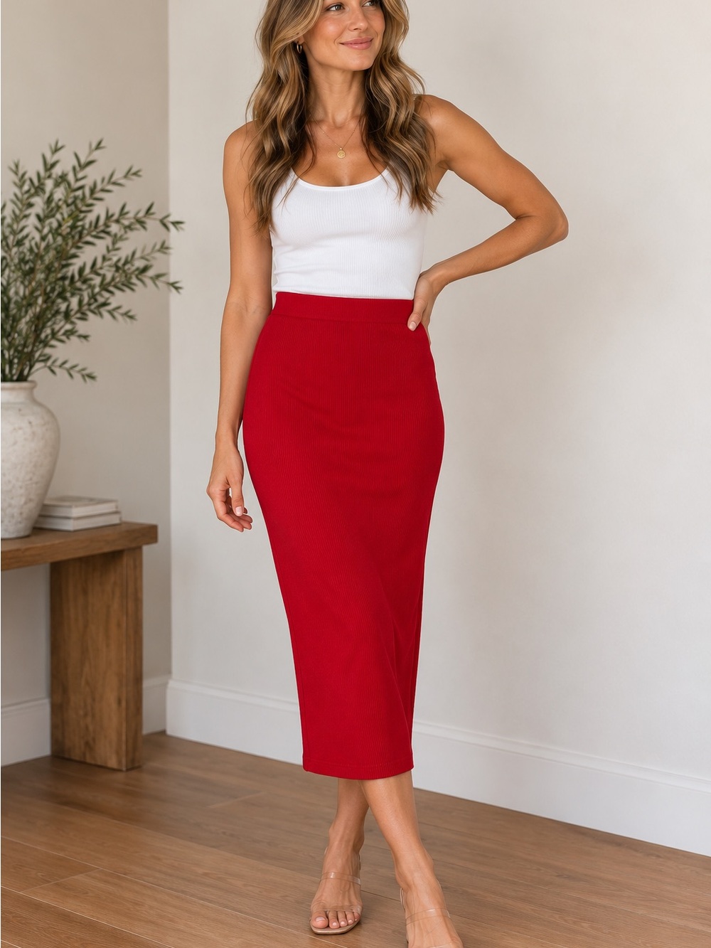 Vintage 90s Express Tricot Red Ribbed Knit Midi Pencil Skirt Stretch 24 Waist